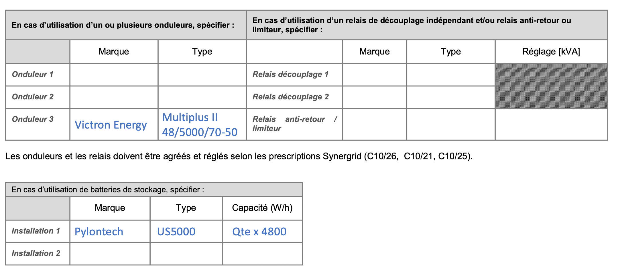 Exemple formulaire UP10 pour Azen-230