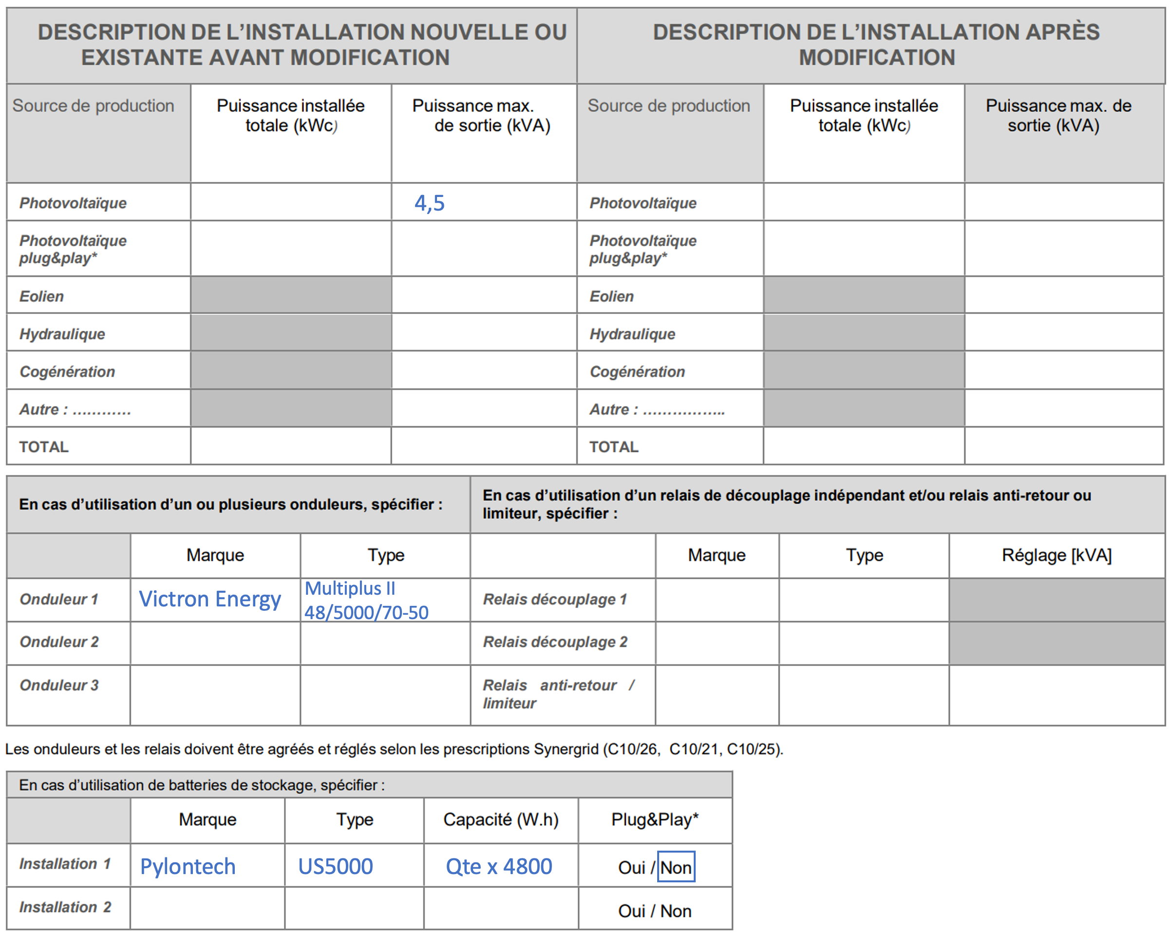 Exemple formulaire UP10 pour Azen-230-PV