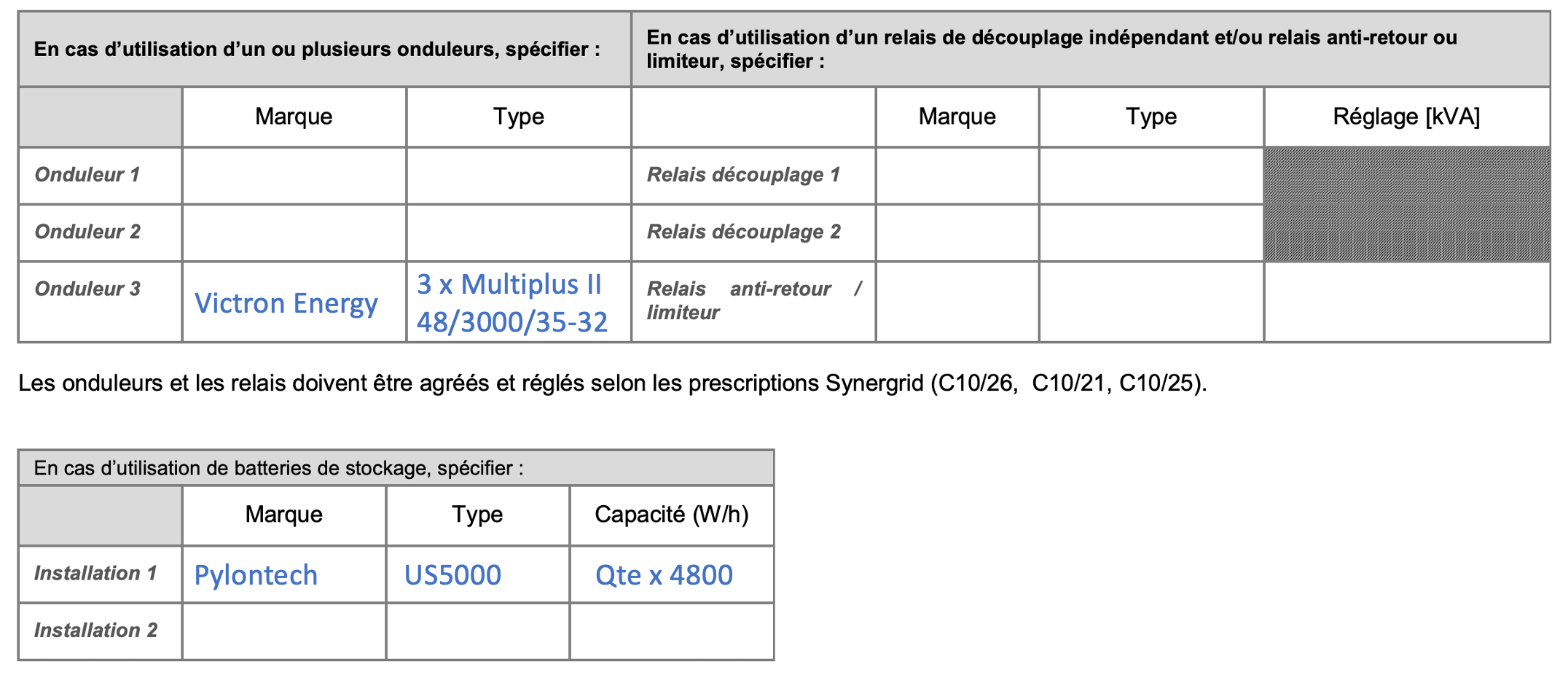 Exemple formulaire UP10 pour Azen-400