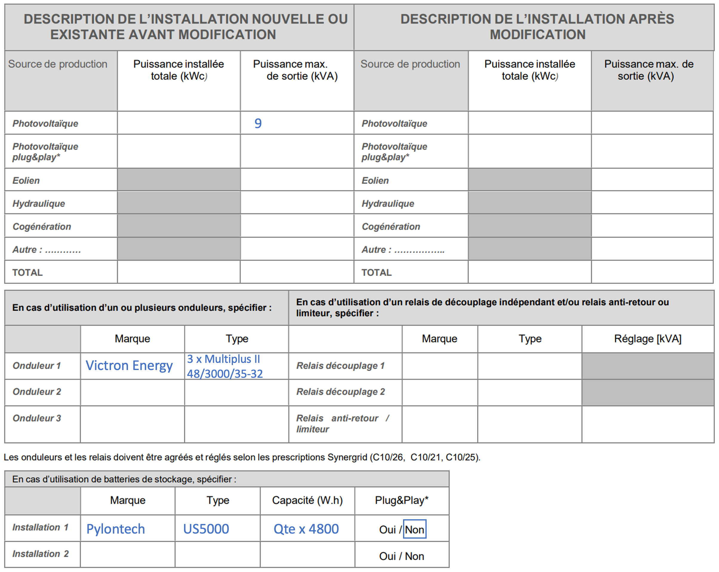 Exemple formulaire UP10 pour Azen-400-PV